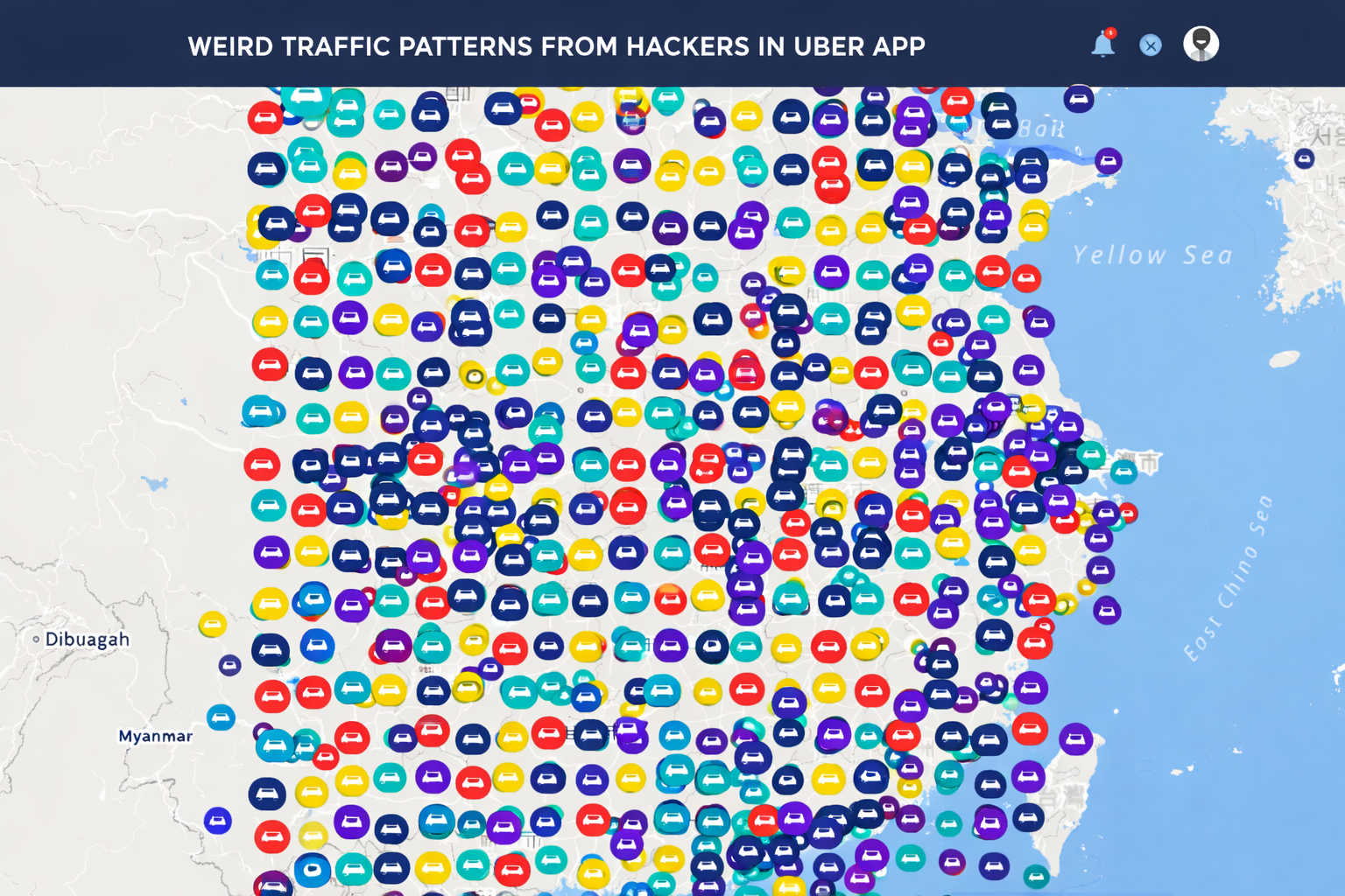 Uber fraud traffic patterns showing suspicious ride clusters across a city